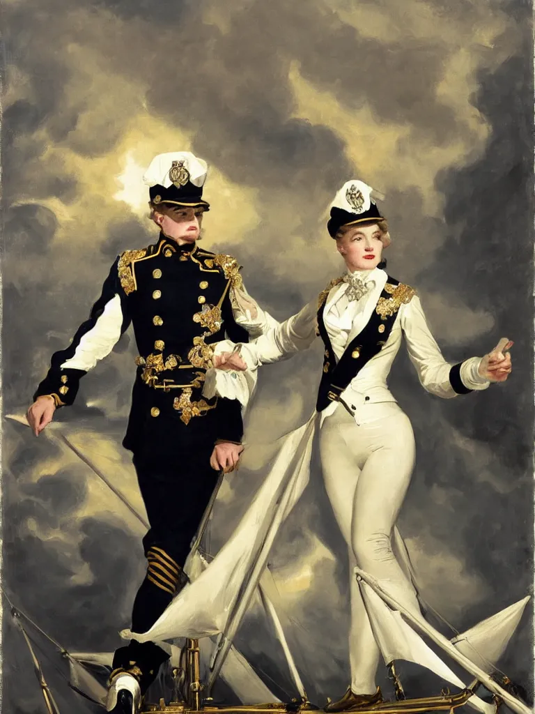 Prompt: Monroe as a ship captain in the age of sail Ship Sea Water Sail Cannon Military Uniform Diamonds Regal In the style of john singer sargent