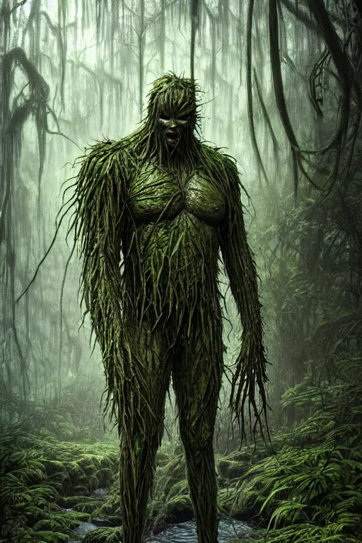 Prompt: realistic photo of the swamp thing, through the creepy forest, on the way lies a rotting corpse among the rocks. and he takes it in his hands. deep focus, intricate, elegant, highly detailed, digital painting, station art, concept art, matte, sharp focus, illustration, art by artgerm and greg rutkowski and alphonse mucha