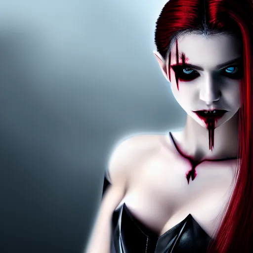 Image similar to photo of a real-life beautiful female vampire warrior, 4k