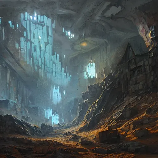 Image similar to complex crystal mine, oil painting, by greg rutkowski