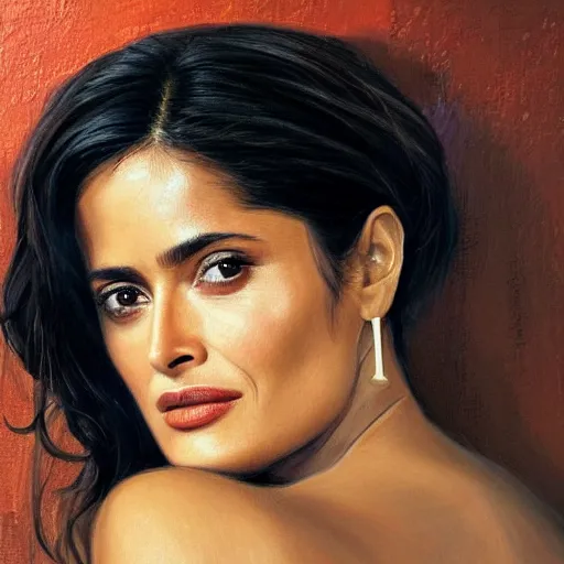Prompt: salma hayek in a bar, perfect eyes looking at the camera, beautiful face, real life colors, elegant, sharp focus, hyper - realistic, 4 k, highly detailed, hd, dramatic lighting by brom