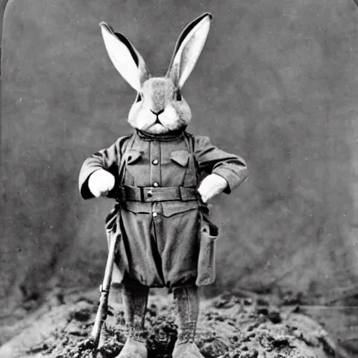 Prompt: a rabbit dressed as a ww1 russian soldier, posing in a muddy trench, grainy black and white photograph