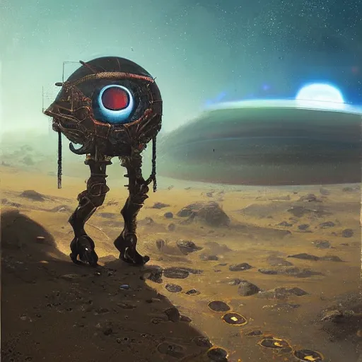 Prompt: Spacesuit alien Protoss stepping through Portal immense vivid landscape simon stalenhag jakub intricate vast wild unroamed desert with uranium planet orb floating above Jakub rozalski