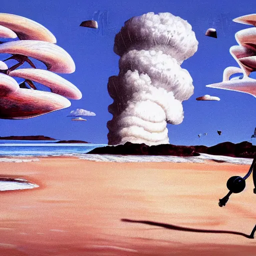 Prompt: a skeleton walking on a beach next to the ocean with nuclear bomb explosion in the background, a naturalism painting by Storm Thorgerson, featured on cg society, matte painting, realistic, chillwave, anatomically correct, light colors, photo-realistic huge mushroom-cloud, skull, hands
