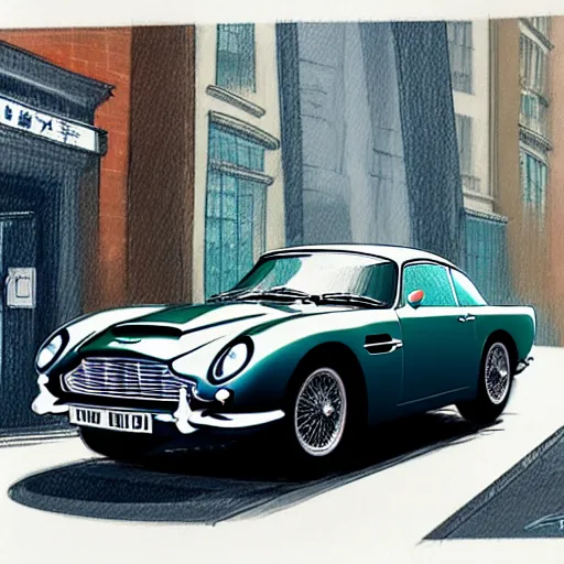 Image similar to a marker pen sketch of an aston martin db 5, in a rich london business district street, medium range, studio ghibli, ( pixar ) and disney animation, sharp, very detailed, bloom, high resolution, anime key art by greg rutkowski