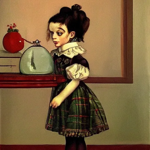 Image similar to little creepy girl wearing an gucci's outfit. art made by artgem, inspired by balthus, highly detailed, realistic, victorian style