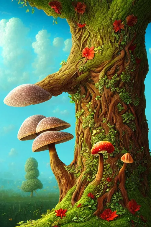 Image similar to a beautiful digital illustration painting of a detailed fantasy tree trunk and roots, mushroom, flowers by benoit b. mandelbrot, steven belledin, martin johnson heade, lee madgwick, caspar david friedrich, and david rios ferreira. 8 k resolution trending on artstation concept art digital illustration