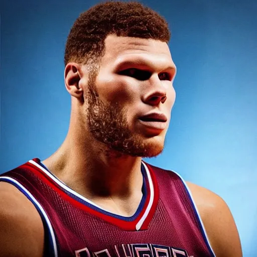 Image similar to “a realistic detailed photo of a guy who is an attractive humanoid who is half robot and half humanoid, who is a male android, basketball player Blake Griffin, shiny skin, posing like a statue, blank stare”