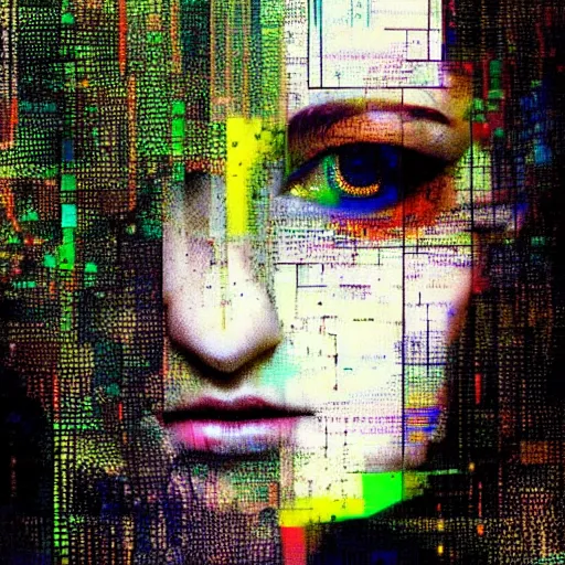 Image similar to portrait of an elven druid modest woman, mysterious, glitch effects over the eyes, shadows, by Guy Denning, by Johannes Itten, by Russ Mills, centered, glitch art, innocent, hacking effects, chromatic, cyberpunk, color blocking, digital art, concept art, abstract