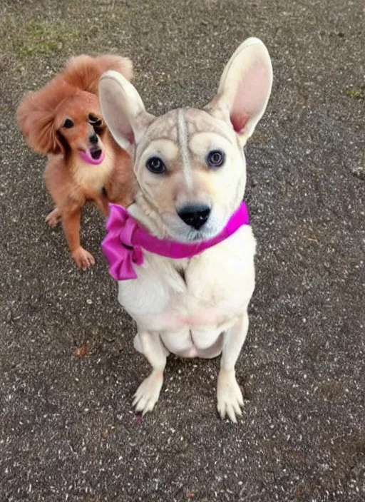 Image similar to genetic combination of a dog, a praying mantis, and a teddy bear. insectoid puppy. iridescent pink fur, big red eyes, mantis claws