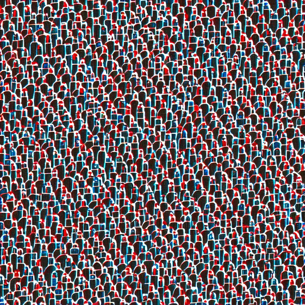 Prompt: top down where's waldo with lots of robots and one human
