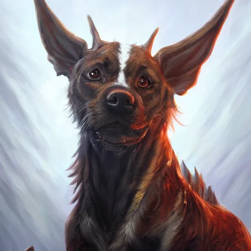 Prompt: an oil painting of a dog dragon hybrid, hd, artstation, 4 k wallpaper