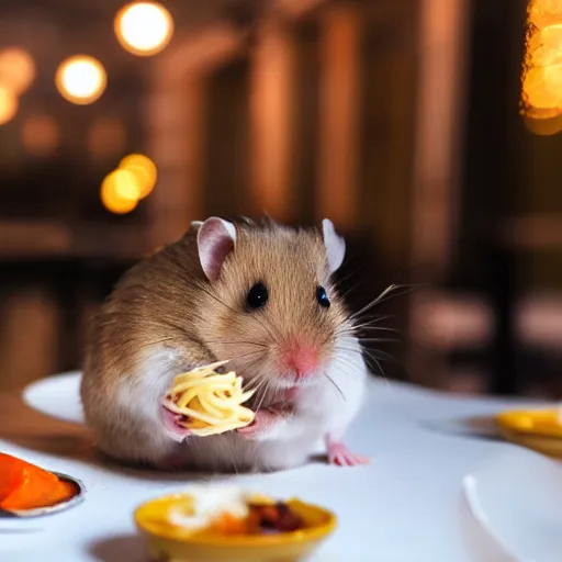 Image similar to photo of a hamster eating spaghetti, at night, candlelit restaurant table, various poses, unedited, soft light, centered, sharp focus, 8 k