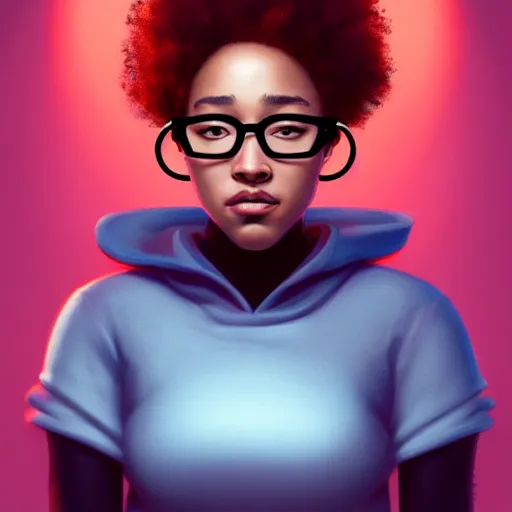 Prompt: an insanely detailed portrait of a beautiful woman inventor that looks like amandla stenberg with short red hair, wearing glasses in the style of peter mohrbacher, artgerm, dramatic lighting and composition, octane render, trending on artstation, concept art