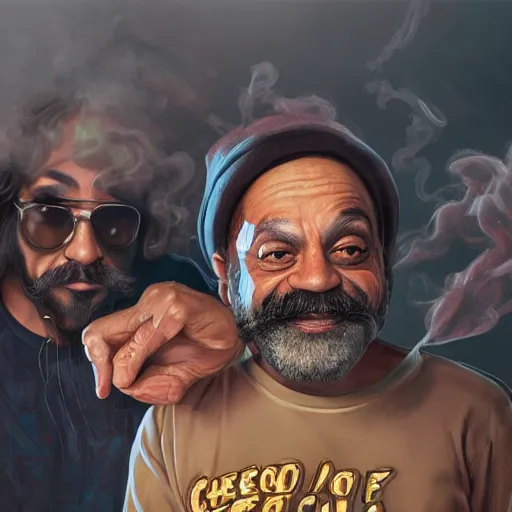 Image similar to portrait of cheech and chong, concept art, artstation, highly detailed, smoke background,