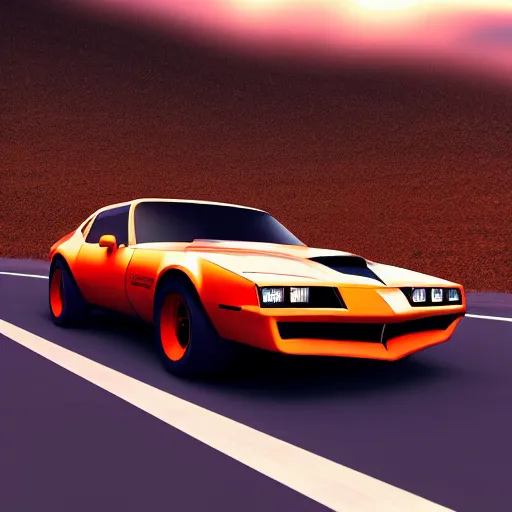 Image similar to black pontiac firebird trans - am driving towards the camera, mountain, valley, sunrise, cinematic, motionblur, sunbeams, volumetric lighting, wide shot, low angle, artstation