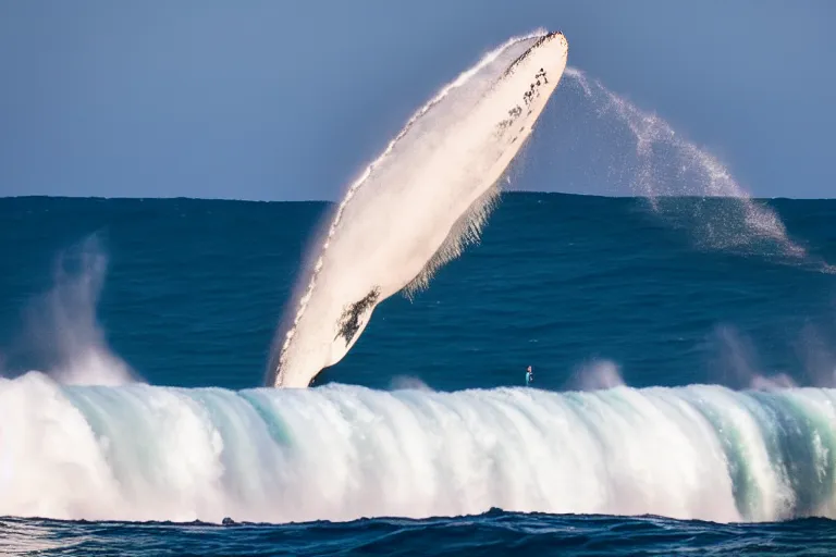 Prompt: photography of a gigantic white whale jumping a wave at nazare