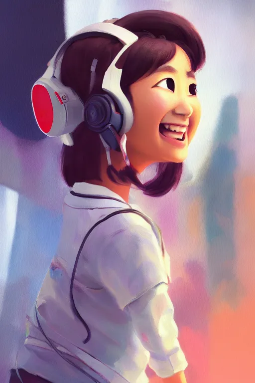 Image similar to a painting of cute Asian girl smiling, scifi headset, in the style of Pixar animation, low angle view, 16mm lens, award winning, hyper detailed, dramatic lighting, artstation, octane renderer, unreal engine