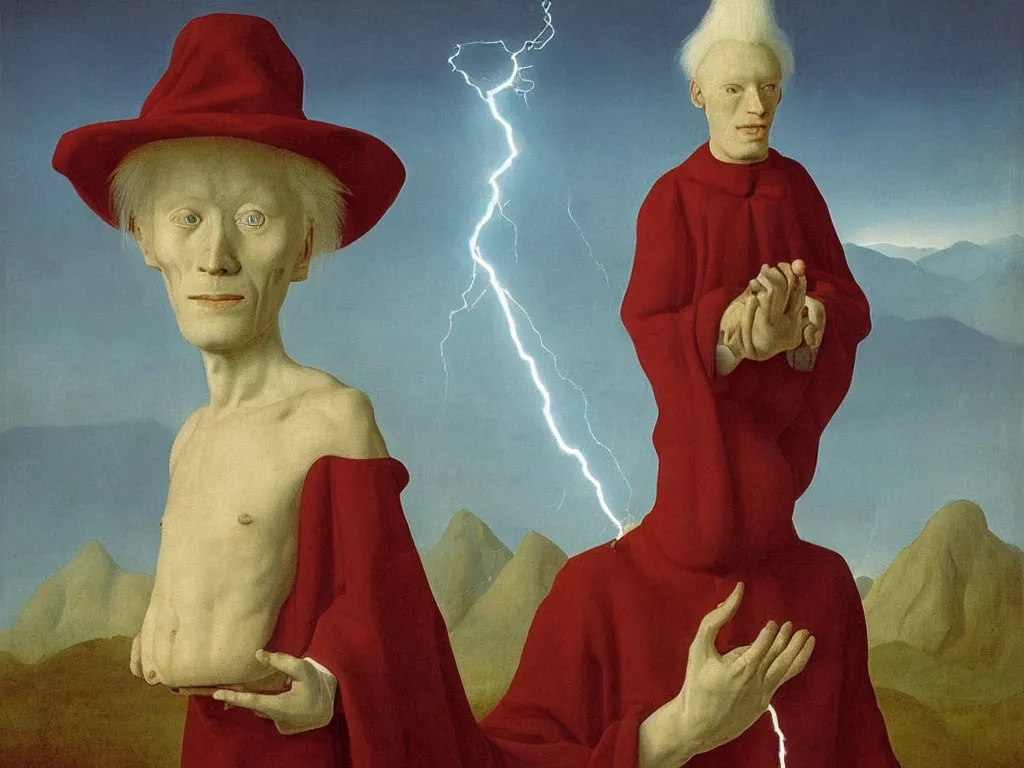 Image similar to Portrait of albino mystic with blue eyes, with lightning in his hand. Storm in the distance over the surreal mountains. Painting by Jan van Eyck, Audubon, Rene Magritte, Agnes Pelton, Max Ernst, Walton Ford