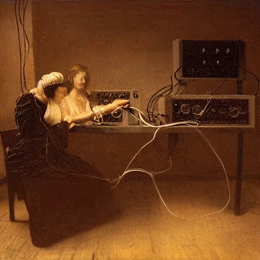 Prompt: two women working with wires, machines and synthesizers. rembrandt style, but as photography