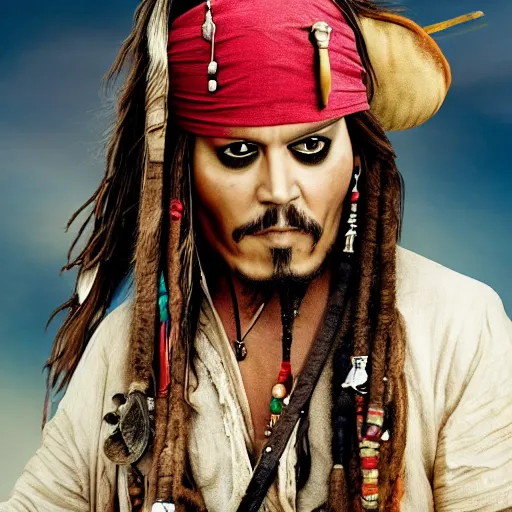 Image similar to jack sparrow with a parrot on the shoulder, portrait, 8k resolution, hyper detailed