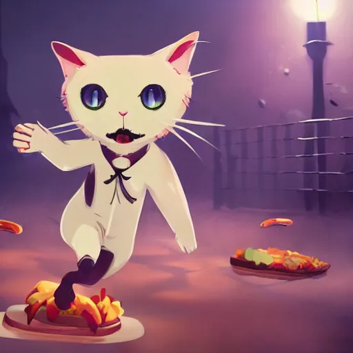 Prompt: scared cat running away from the carnivorous sandwich, artstation hq, dark phantasy, stylized, symmetry, modeled lighting, detailed, expressive, created by hayao miyazaki