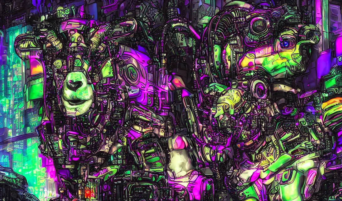 Image similar to complex cyberpunk machine background merged with evil cybernetic goat head in center focus, multicolored digital art