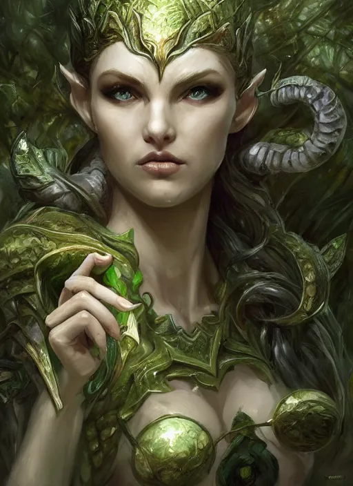Prompt: vraska, nissa, voice of alabaster, a powerful and beautiful gorgon elf planeswalker in a forest, intricate, elegant, sharp focus, illustration, highly detailed, digital painting, concept art, matte, art by wlop and artgerm and greg rutkowski, magali villeneuve