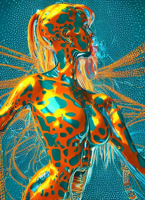 Image similar to extreme long shot, kodachrome, oil painting, melting face, cyberpunk 2 0 y. o model girl, wrapped in wires and piones, clear blue sky vintage style, looking straight ahead, in the style of yayoi kusama, technicolour, lineart, higly detailed, artstation