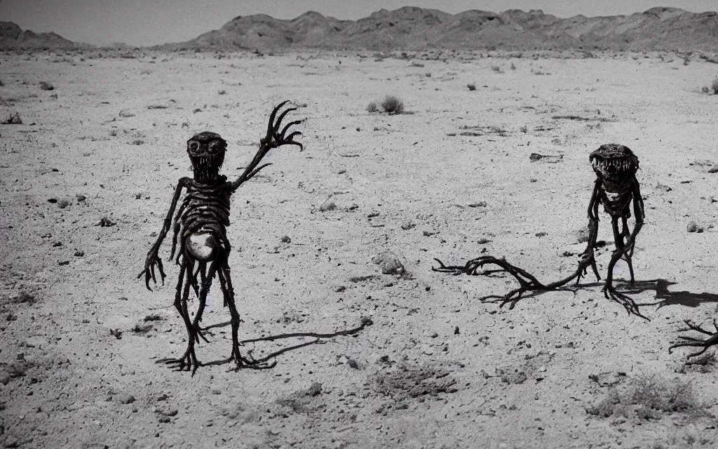 Image similar to in the desert a bloody gross horrifying The Thing creature made of muscle and bone and blood stares at the camera, eating, it walks on two legs, mid day, 35mm photography, realistic,