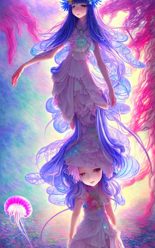 Prompt: jellyfish fairy princess in the streets of japan, chibi cute anime scenery, sci - fi futuristic utopia scene. trending on artstation and pixiv. a vibrant digital oil painting. a highly detailed fantasy character illustration by wayne reynolds and charles monet and gustave dore and carl critchlow and bram sels