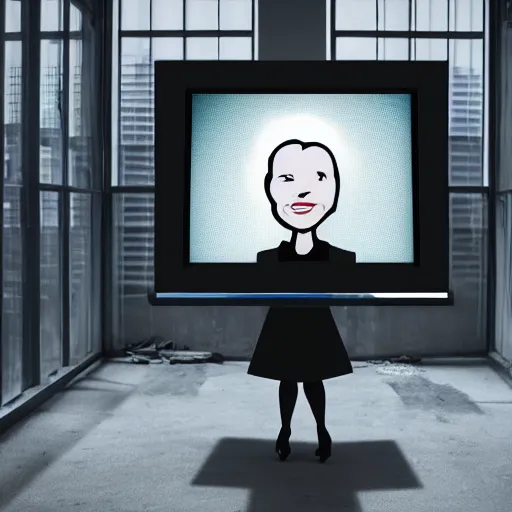 Prompt: A businesswoman with a CRT monitor as a head, inside a dark abandoned office