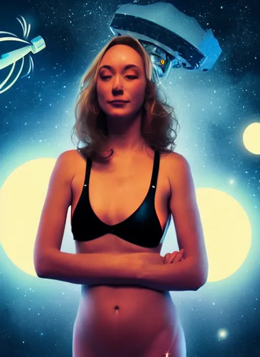 Image similar to An astronaut, wearing an illuminated bikini, sci-fi movie art