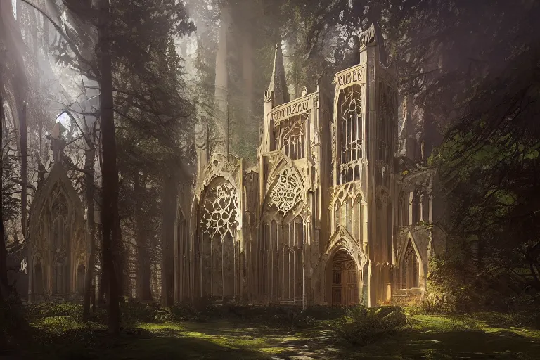 Prompt: a beautiful ornate arabesque church in the middle of a forest, concept art, highly detailed, artstation, ray - tracing, trending, god - rays, volumetric lighting, feng zhu, shaddy safadi, noah bradley, tyler edlin, jordan grimmer, darek zabrocki, neil blevins, tuomas korpi