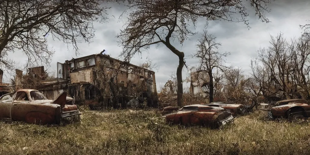 Prompt: low wide angle shot of dilapidated fallout 5 europa, retro futuristic overgrown euro rural town, desolate, dilapidated houses, few rusted retro futuristic vintage parked vehicles like cars, volumetric lighting, photorealistic, daytime, spring, clear weather, sharp focus, ultra detailed, 3 5 0 0 k