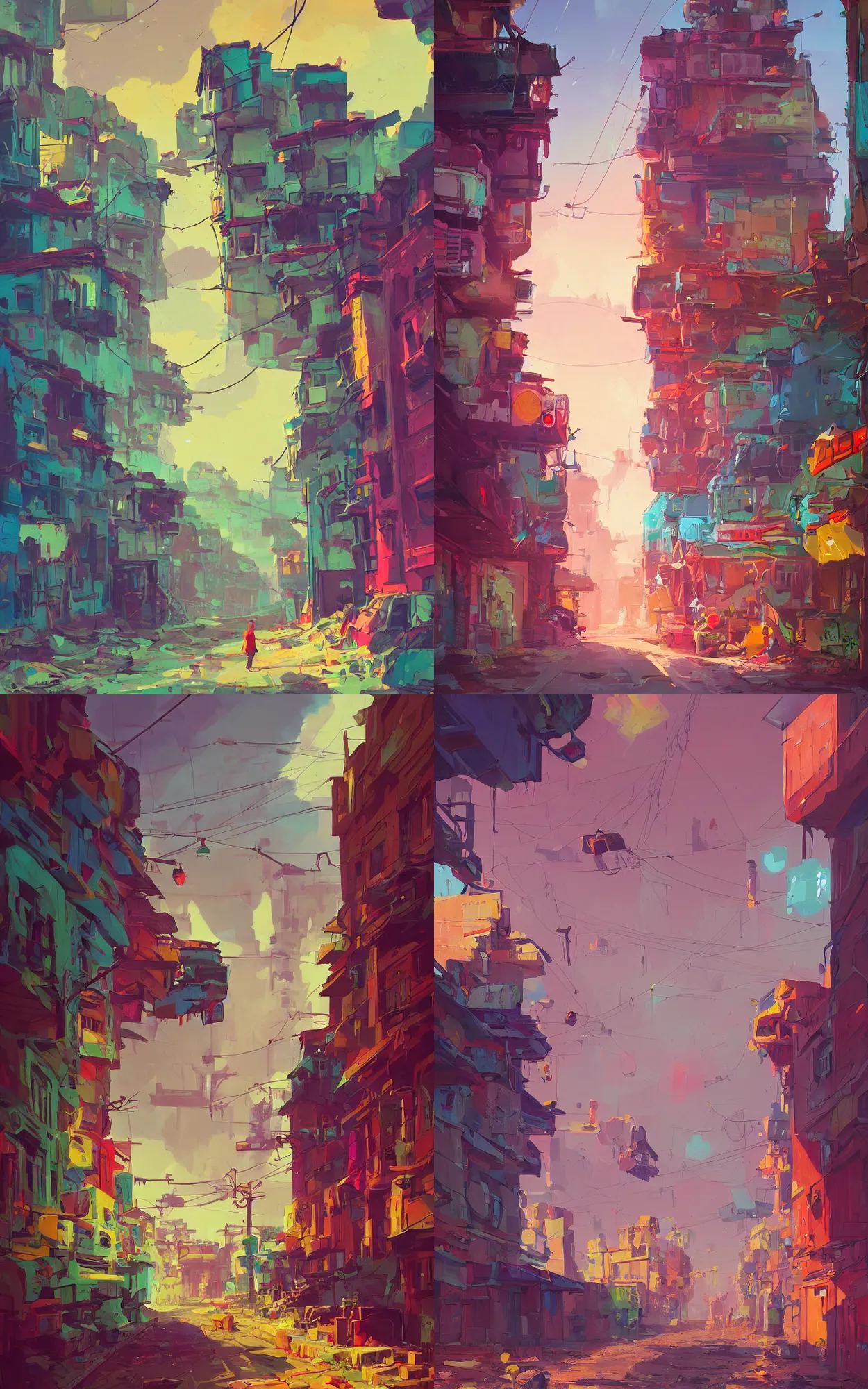 Prompt: a colorful, detailed, digital painting of an alley at street level in an abandoned city in a fantastic landscape against a ridiculous sky by Anton Fadeev and Simon Stålenhag