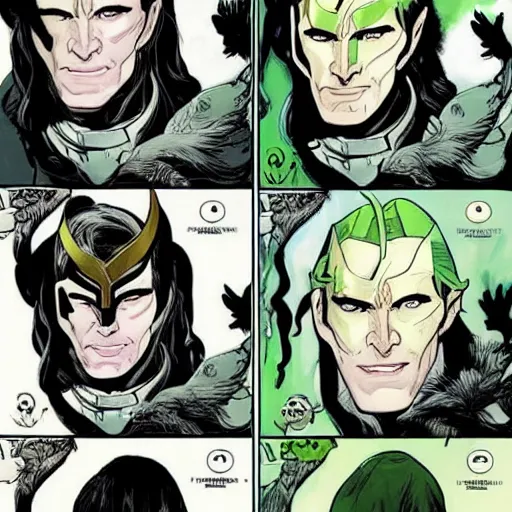 Prompt: The artwork is conceptual artwork for a graphic novel that shows Loki, the god of mischief, in a variety of emotional states. Lee Garbett produced the artwork in 2015. The illustration is wonderfully detailed, and each expression on Loki's face is well captured.