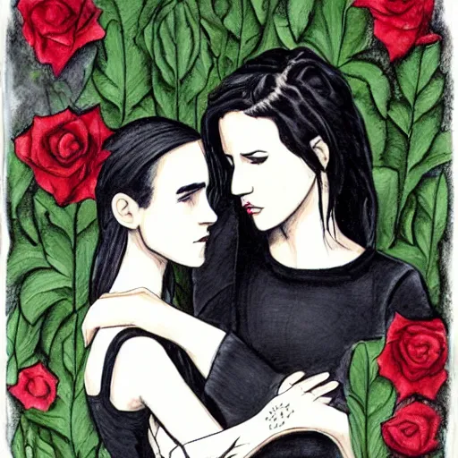 Image similar to stoic heroic emotionless blond butch tomboy woman holding hands with taller goth black - haired dark fae jennifer connelly, in love, romantic in romantic garden, mike mignogna, illustration, pen and ink, oil painting