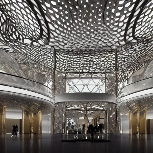 Image similar to extremely detailed ornate stunning beautiful elegant futuristic museum lobby interior by Zaha Hadid