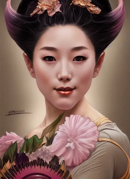 Image similar to ultra realistic illustration, smiling geisha prima ballerina, sci - fi, fantasy, symmetrical face, intricate, elegant, highly detailed, digital painting, artstation, concept art, smooth, sharp focus, illustration, art by artgerm and alphonse mucha