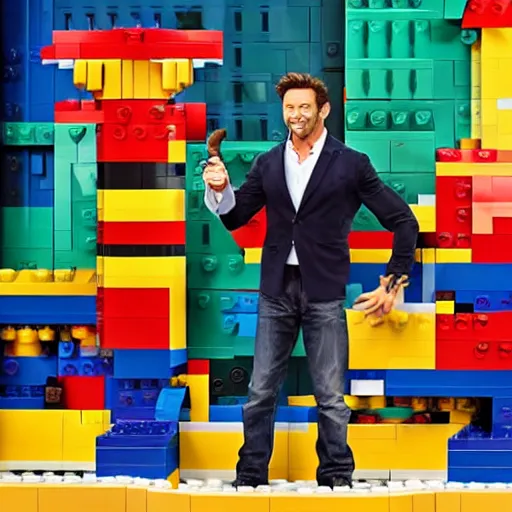 Image similar to hugh jackman as the host of lego masters, fashion photo,