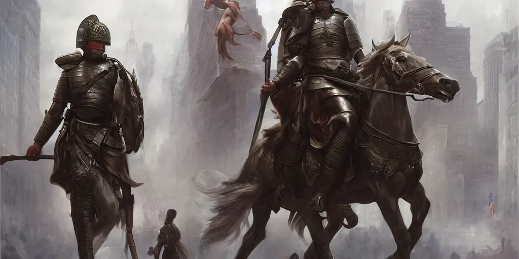 Image similar to Roman Empire legionary invading modern day New York City by Charlie Bowater and Pierre Auguste Cot