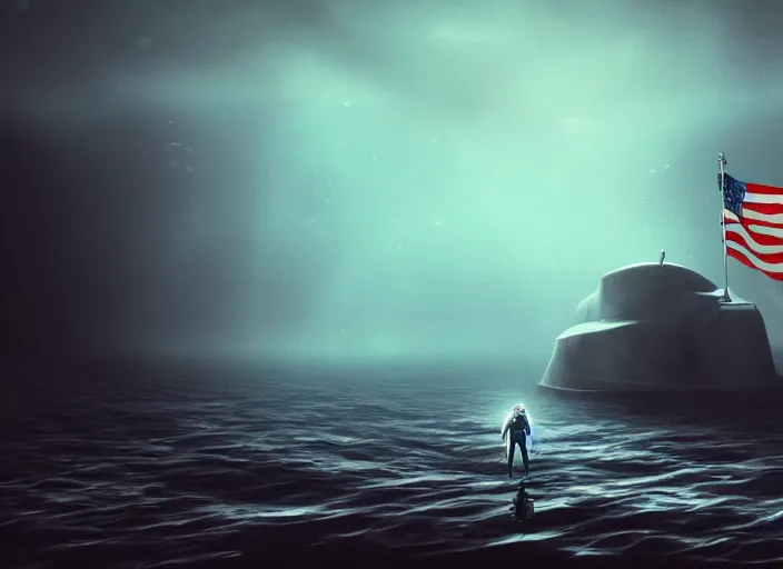 Image similar to astronaut holding a flag in an underwater desert. a submarine is visible in the distance. dark, concept art, cinematic, dramatic, atmospheric, 8 k, trending on artstation, blue, fish, low visibility, fog, ocean floor, christopher nolan, interstellar