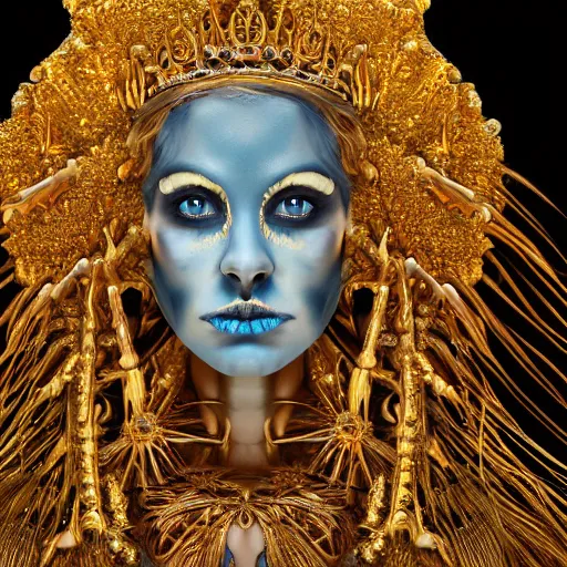 Image similar to a photograph portrait of an ornate golden queen with ice blue eyes, photo-realistic, icy, skeletal, horror