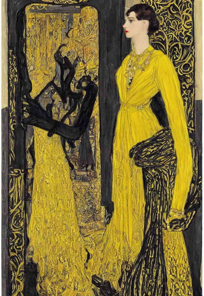 Image similar to a young woman looks deeply into the viewer, 1920's london street, art nouveau, extravagant fashion, intricate yellow dress with gold trims, lacey, dark streets, grungy, style of and Gustav Klimpt, color painterly