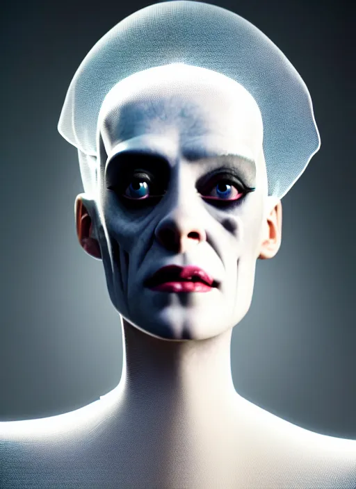 Image similar to portrait of kristen mcmenamy as a beautiful gentle futuristic bride of frankenstein from the movie bride of frankenstein, kintsugi, modern fine art, fractal, intricate, elegant, highly detailed, digital photography, subsurface scattering, by jheronimus bosch and greg rutkowski, still from the movie ex machina, smooth healthy skin, high key lighting