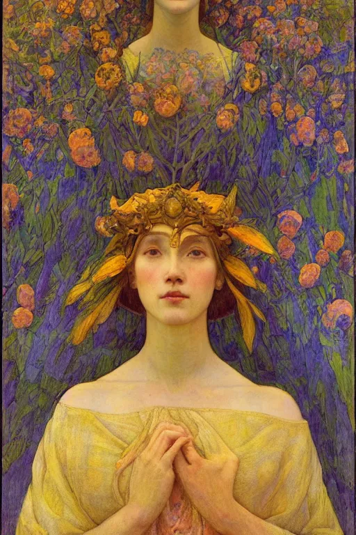 Prompt: queen of the springtime, by Annie Swynnerton and Nicholas Roerich and jean delville, dramatic cinematic lighting , ornate headdress , flowing robes, lost civilizations, smooth, sharp focus, extremely detailed