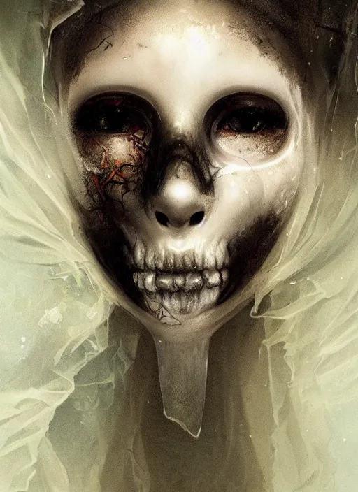 Image similar to close up of a veiled half scull mask girl on the ruins temple, fingers on lips, looking at the camera very curiously, smog on the floor, extremely beautiful and aesthetic and attractive detailed face and body, intricate, chiaroscuro, model pose, fantasy illustrations, light novel cover art, by makoto shinkai and jeremy lipking and ferdinand knab