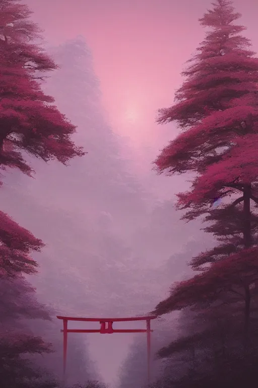 Image similar to Japanese Torii in the center of the picture , torii in a moutain with trees ,night , by Grzegorz Rutkowski, concept art, pink scheme