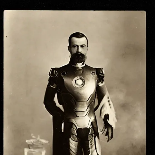 Prompt: a photograph of tsar nicholas ii as iron man